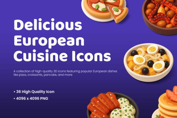 30 Authentic European Cuisine 3D Icons for Creative and Educational Projects