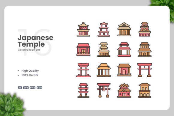 Japanese Temple Colored Icons for Modern Design Needs